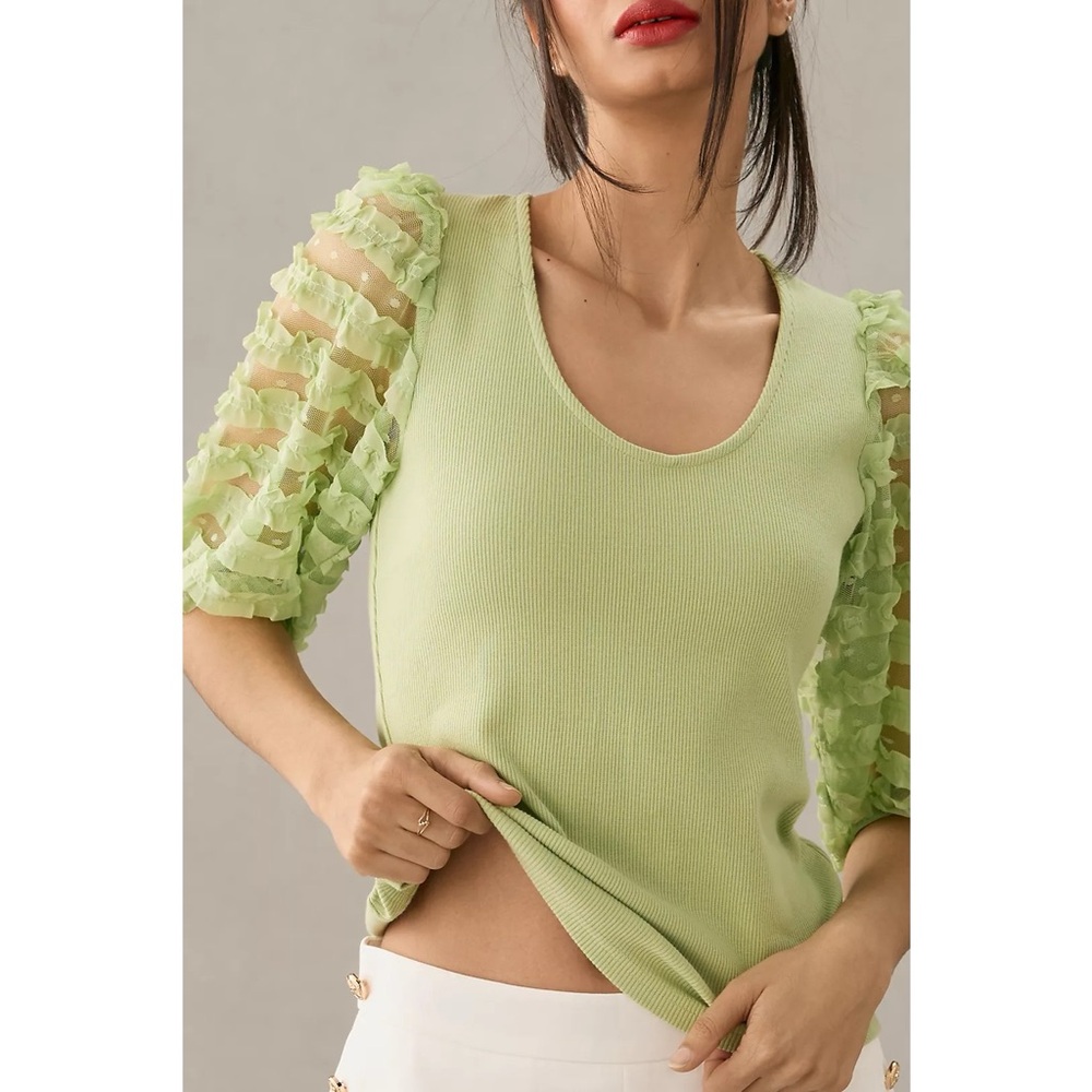 Anthropologie Dolan Short Puff Ruffle-Sleeve Ribbed Top in‎ Light Green
